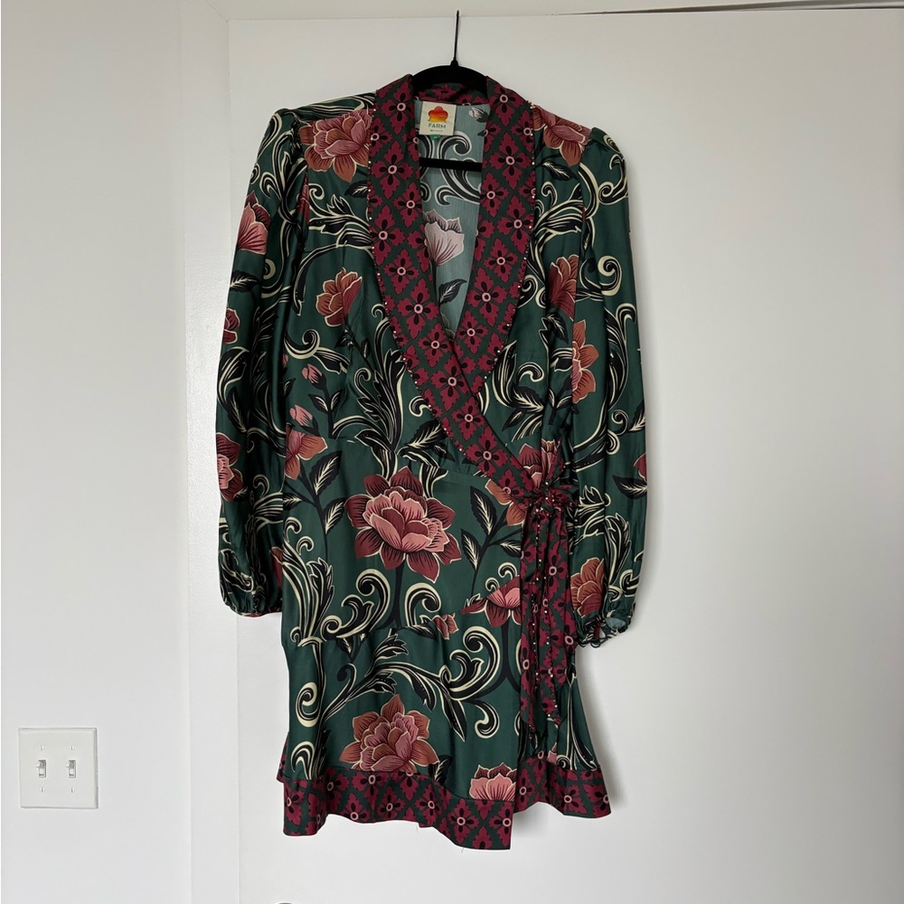 Farm Rio Arabesque Wrap Dress Green with Burgundy Trim Size Medium - Picture 2 of 13